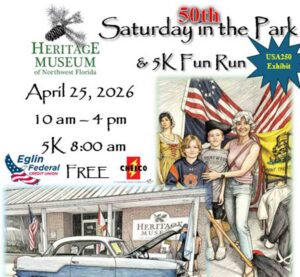 Close-up of flyer for the 50th Annual Saturday in the Park and 5K Fun Run at the Heritage Museum of Northwest Florida showing event details and illustrations