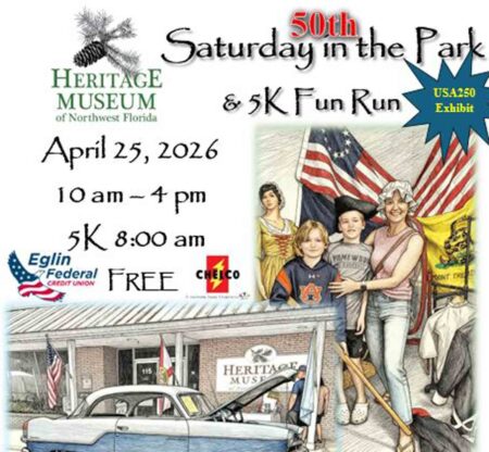 Close-up of flyer for the 50th Annual Saturday in the Park and 5K Fun Run at the Heritage Museum of Northwest Florida showing event details and illustrations