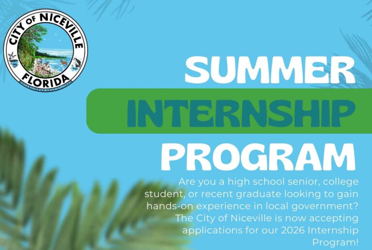 City of Niceville summer internship program graphic with application deadline and department listings