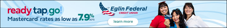 Wide digital banner advertisement for Eglin Federal Credit Union Mastercard rates starting at 7.9% APR.