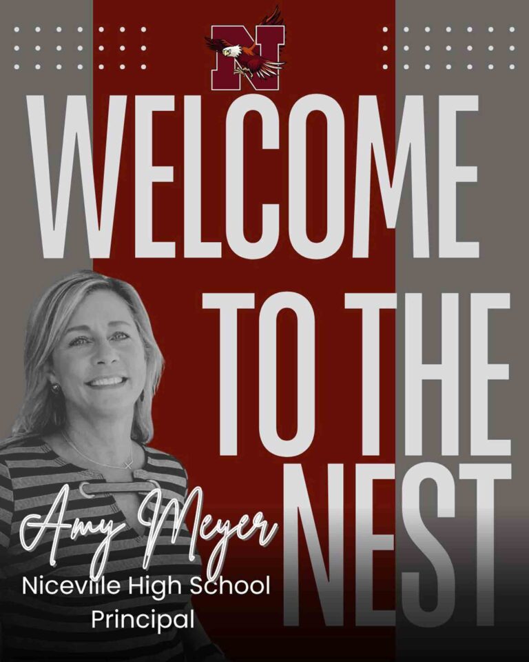 Graphic welcoming Amy Meyer as principal of Niceville High School