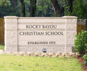 Fifth-grader admits fake school threat at Rocky Bayou Entrance sign for Rocky Bayou Christian School in Niceville, Florida.