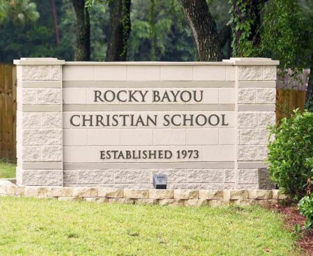 Entrance sign for Rocky Bayou Christian School in Niceville, Florida.