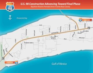 Map showing U.S. 98 construction limits from Bayshore Road to Portside Drive in Santa Rosa County along the Gulf Coast