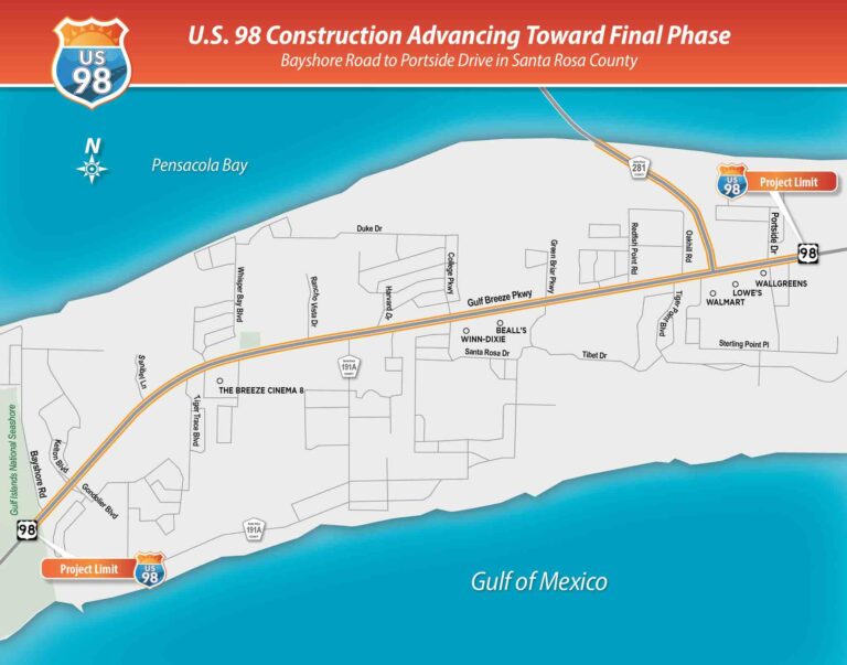 Map showing U.S. 98 construction limits from Bayshore Road to Portside Drive in Santa Rosa County along the Gulf Coast