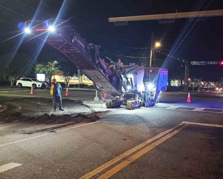 Overnight lane closures planned across local roads Road construction crews operate paving equipment overnight during resurfacing work at a Northwest Florida intersection.