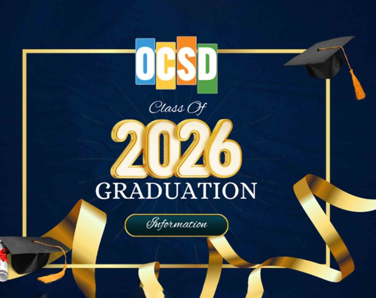Graphic announcing the Okaloosa County School District Class of 2026 graduation information with graduation caps, gold ribbon accents, and OCSD branding on a blue background.