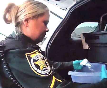 Child reportedly within reach of cocaine during stop An Okaloosa County Sheriff’s Office deputy reportedly collects evidence from inside a vehicle during a traffic stop investigation.