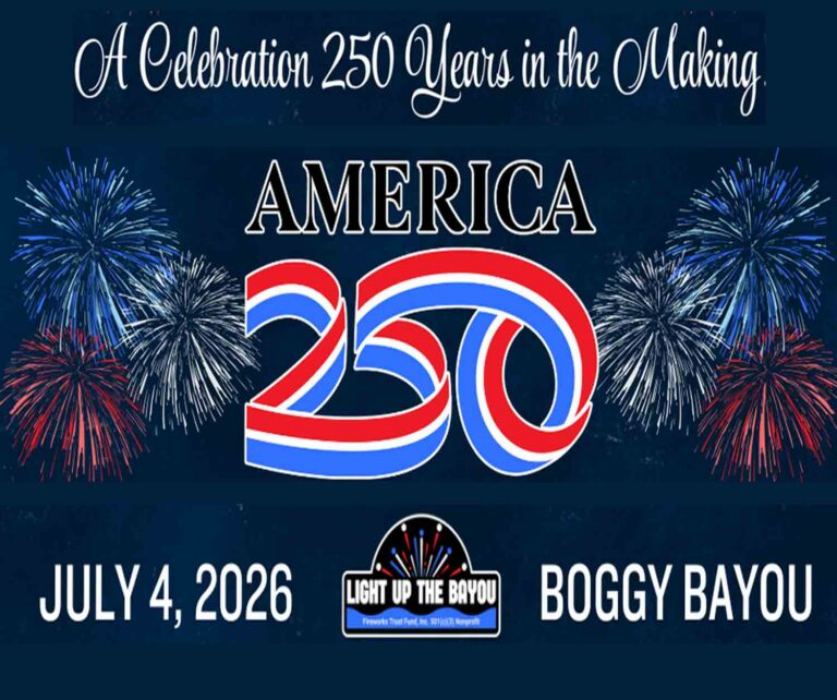 Promotional graphic for the 2026 Light Up the Bayou Independence Day fireworks celebration honoring America's 250th birthday over Boggy Bayou.
