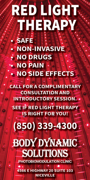 Red Light Therapy at Body Dynamic Solutions in Niceville. Safe, non-invasive therapy with no drugs, no pain, and no known side effects. Call for a complimentary consultation and introductory session at (850) 339-4300. Located at 4566 E Highway 20, Suite 103, Niceville, Florida.