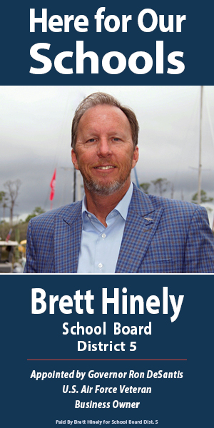 Campaign banner featuring Brett Hinely, candidate for Okaloosa County School Board District 5, with the slogan "Here for Our Schools."
