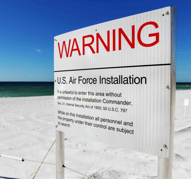 Unauthorized entry into Eglin test areas can be costly Caption: Due to military testing and training on the Eglin reservation, the beach on Santa Rosa Island from Fort Walton Beach to Navarre Beach is closed to all public access. (U.S. Air Force photo/Ilka Cole) Alt text: A warning sign marks a closed area on Santa Rosa Island, where public access is prohibited because of military testing and training on the Eglin reservation. Title: Warning sign marks closed area on Santa Rosa Island Description: A warning sign stands on Santa Rosa Island within the Eglin reservation. The beach from Fort Walton Beach to Navarre Beach is closed to public access because of ongoing military testing and training activities