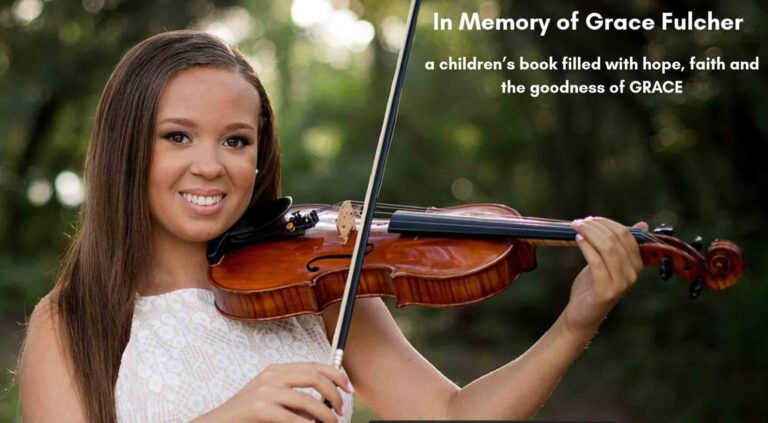 Grace Fulcher smiles while holding a violin in an outdoor portrait. The image is used to promote Amazing Grace and the Wishing Tree, a children's book written in her memory.