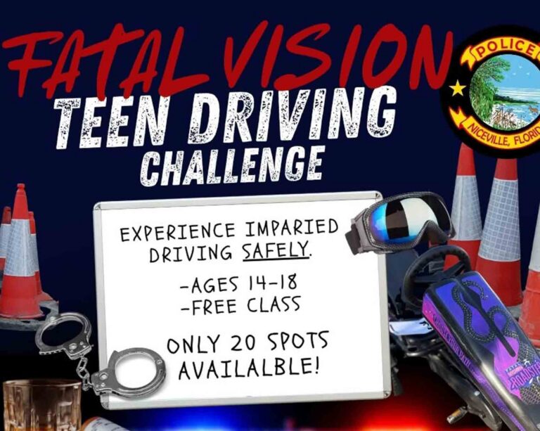 Promotional graphic for the Niceville Police Department's Fatal Vision Teen Driving Challenge featuring traffic cones, impaired-vision goggles, a pedal-powered cart, and information about the free driving safety course for teens ages 14 to 18.