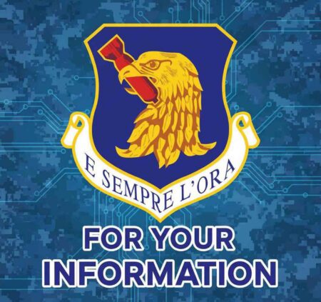 Graphic featuring the Eglin Air Force Base crest with the words "For Your Information" on a blue digital camouflage background.