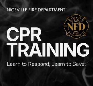 Niceville Fire Department CPR training promotional graphic featuring the department logo and the message "Learn to Respond, Learn to Save."