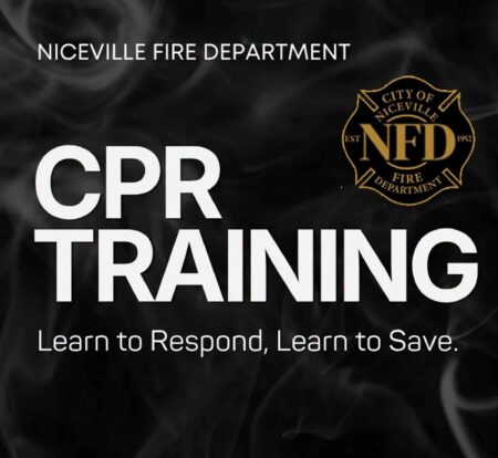 Niceville Fire Department CPR training promotional graphic featuring the department logo and the message "Learn to Respond, Learn to Save."