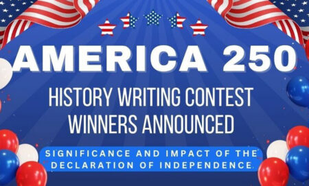 Graphic announcing the winners of the America 250 History Writing Contest, featuring patriotic red, white, and blue colors, American flags, stars, balloons, and text referencing the significance and impact of the Declaration of Independence.