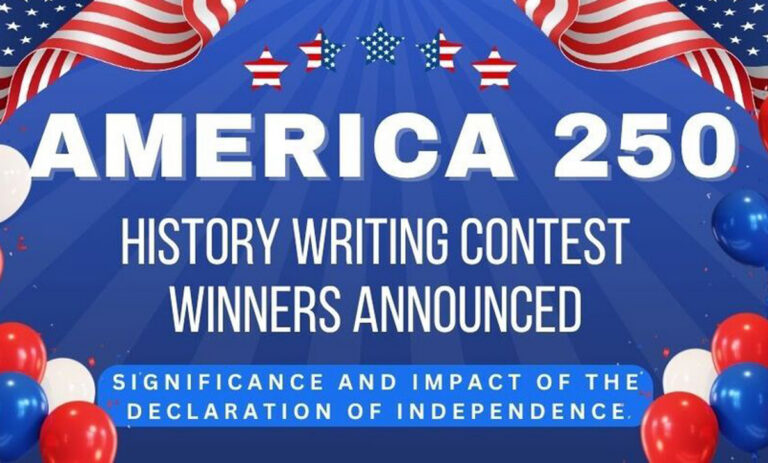 Graphic announcing the winners of the America 250 History Writing Contest, featuring patriotic red, white, and blue colors, American flags, stars, balloons, and text referencing the significance and impact of the Declaration of Independence.