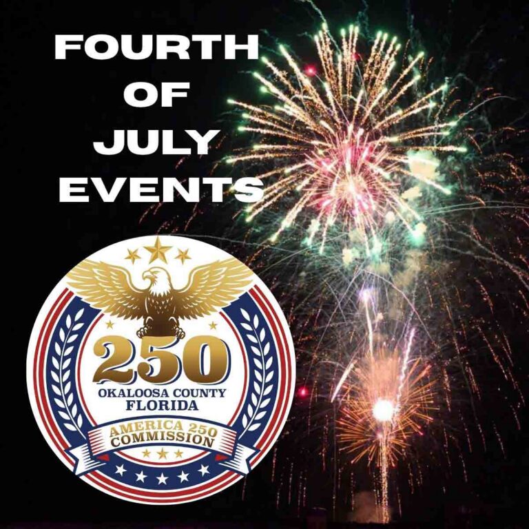 Fourth of July celebrations planned across Okaloosa County Promotional graphic for Okaloosa County America 250 Fourth of July events featuring colorful fireworks bursting in the night sky, the Okaloosa County America 250 Commission logo, and the words "Fourth of July Events."