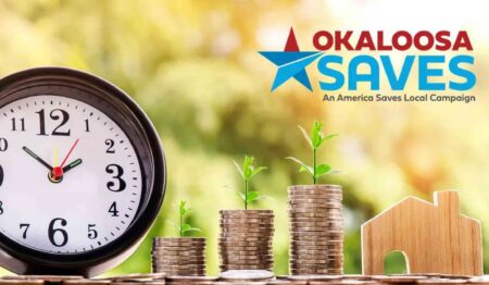 Graphic promoting Okaloosa Saves featuring a clock, stacks of coins with growing green plants, a wooden house silhouette and the Okaloosa Saves logo.