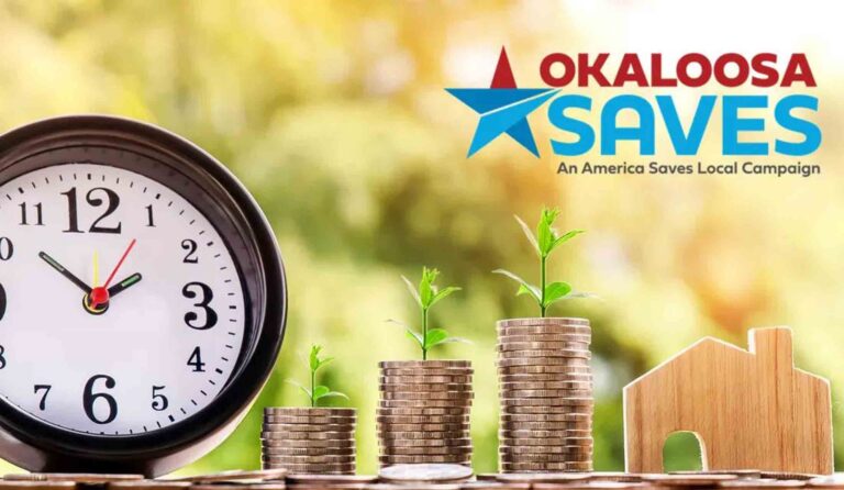 Okaloosa Saves earns national Savings Champion award Graphic promoting Okaloosa Saves featuring a clock, stacks of coins with growing green plants, a wooden house silhouette and the Okaloosa Saves logo.