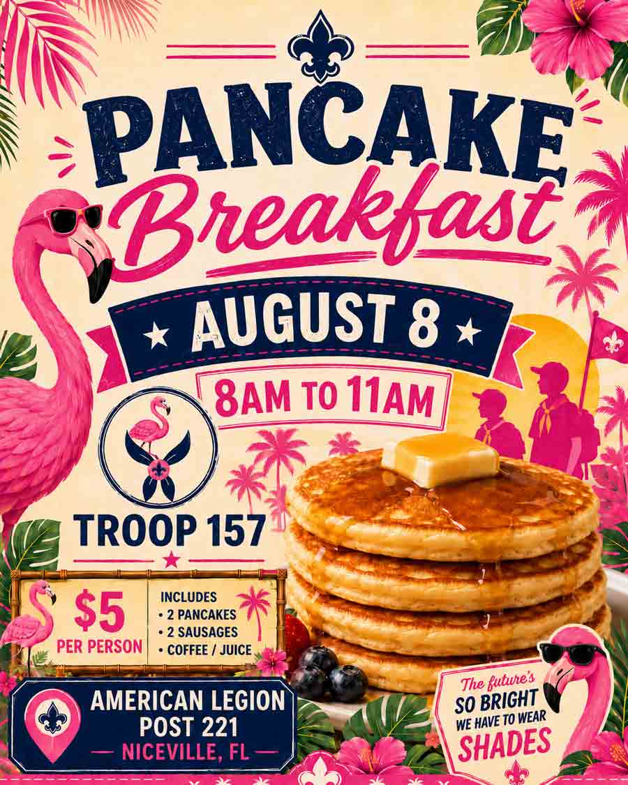 Promotional flyer for the Scouts BSA Troop 157 Pancake Breakfast on Saturday, Aug. 8, from 8 a.m. to 11 a.m. at American Legion Post 221 in Niceville. The tropical-themed design features a stack of pancakes topped with butter and syrup, pink flamingos, Scout silhouettes, and event details. Breakfast is $5 per person and includes two pancakes, two sausages, and coffee or juice.