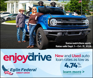 Eglin Federal Credit Union auto loan ad featuring two women beside a blue Ford Bronco and promoting new and used auto loan rates as low as 4.74% APR.