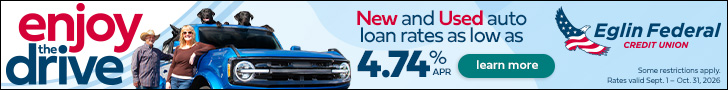 Eglin Federal Credit Union auto loan banner featuring two women beside a blue Ford Bronco and promoting new and used auto loan rates as low as 4.74% APR.