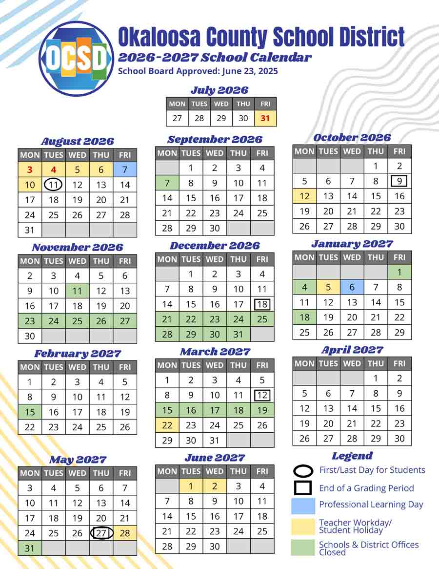 Okaloosa County School District 2026–27 school calendar showing school days, holidays, breaks, teacher workdays, and grading periods.