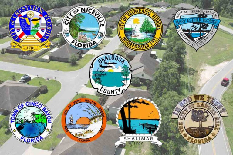 Okaloosa County and municipal seals displayed over an aerial view of a residential community.