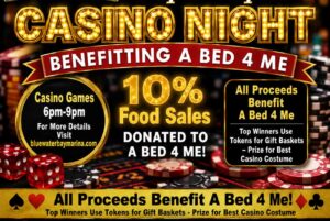 Casino Night in Bluewater Bay to benefit A Bed 4 Me Promotional graphic for the seventh annual Casino Night benefiting A Bed 4 Me on Saturday, Aug. 15, 2026, at LJ Schooners Dockside Restaurant & Oyster Bar in Niceville. The event features casino games from 6 p.m. to 9 p.m., with all proceeds benefiting A Bed 4 Me and 10% of food sales donated to the organization.