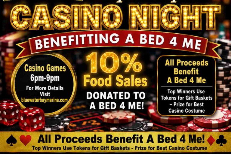 Promotional graphic for the seventh annual Casino Night benefiting A Bed 4 Me on Saturday, Aug. 15, 2026, at LJ Schooners Dockside Restaurant & Oyster Bar in Niceville. The event features casino games from 6 p.m. to 9 p.m., with all proceeds benefiting A Bed 4 Me and 10% of food sales donated to the organization.
