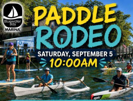 Paddle Rodeo graphic for Bluewater Bay Marina featuring paddle boarders, outrigger canoes and surf skis on the water. The event is Saturday, September 5, at 10 a.m.