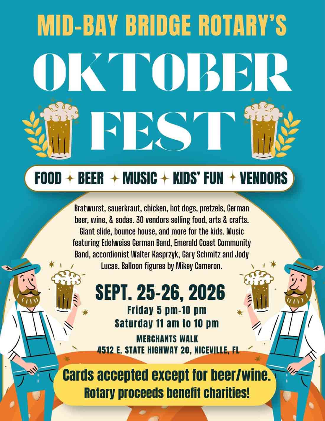 Mid-Bay Bridge Rotary Oktoberfest flyer for the Sept. 25-26, 2026, festival at Merchants Walk in Niceville.