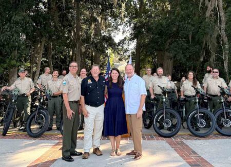 Fred Gannon Rocky Bayou State Park to receive new ranger e-bike Florida State Parks Foundation representatives, Florida State Parks officials and park rangers gather with new e-bikes being distributed for ranger use across Florida state parks.
