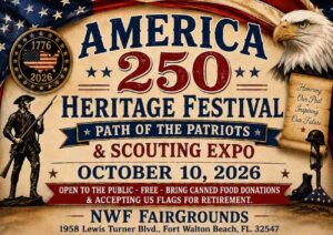 Heritage Festival, Scouting Expo to mark America’s 250th birthday America 250 Heritage Festival and Scouting Expo graphic promoting the Oct. 10, 2026, event in Fort Walton Beach.