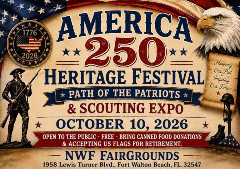 America 250 Heritage Festival and Scouting Expo graphic promoting the Oct. 10, 2026, event in Fort Walton Beach.