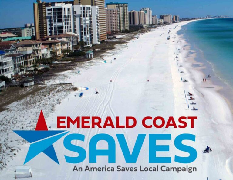 Emerald Coast Saves launches as regional financial education effort Emerald Coast Saves logo over an aerial view of the Emerald Coast’s white-sand beaches and Gulf waters.