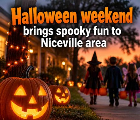 Halloween weekend brings spooky fun to Niceville area Halloween weekend in the Niceville area is illustrated with glowing jack-o'-lanterns and three costumed children carrying candy buckets along a neighborhood sidewalk at dusk.