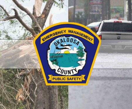 Okaloosa County Emergency Management Public Safety emblem over images of storm damage and flooded roadways.