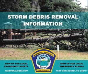 Okaloosa County storm debris removal information graphic featuring fallen trees and branches following Hurricane Isaias, with emergency alert signup information.