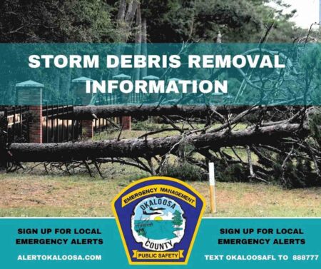 Okaloosa County storm debris removal information graphic featuring fallen trees and branches following Hurricane Isaias, with emergency alert signup information.