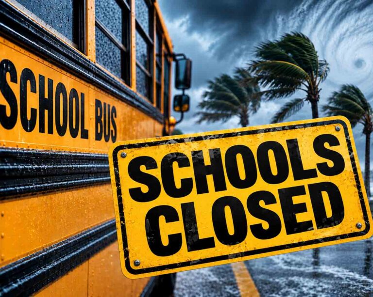 School bus and Schools Closed sign in stormy weather ahead of Tropical Storm Isaias.