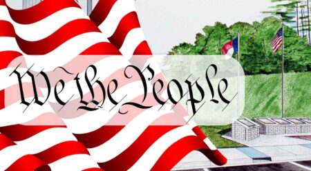 Illustration featuring the words “We the People” over an American flag, alongside a rendering of a Charters of Freedom monument with flags and landscaped grounds.